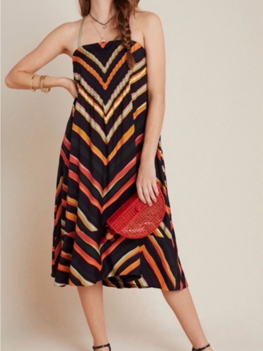 Striped V-Neck Spaghetti Strap Women's Top in Black and Orange